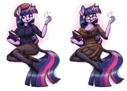 Size: 2224x1600 | Tagged: safe, artist:king-kakapo, character:twilight sparkle, species:anthro, book, clothing, female, glasses, pantyhose, solo