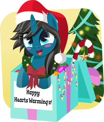 Size: 600x705 | Tagged: safe, artist:jhayarr23, oc, oc only, oc:blue moon, species:pony, species:unicorn, episode:hearth's warming eve, g4, my little pony: friendship is magic, blushing, box, candy, candy cane, christmas, christmas lights, christmas tree, christmas wreath, clothing, cute, female, filly, food, happy, hat, holiday, pony in a box, present, santa hat, smiling, solo, text, tree, vector, wreath