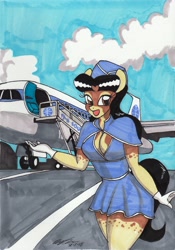 Size: 2094x2984 | Tagged: safe, artist:newyorkx3, oc, oc:crystal, species:anthro, species:earth pony, species:pony, airline, anthro oc, boeing 707, breasts, clothing, dress, female, flight attendant, hat, jet, mare, miniskirt, pan am, skirt, smiling, solo, stewardess, thighs