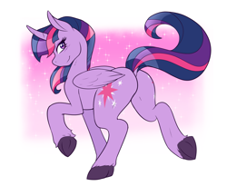 Size: 1500x1230 | Tagged: safe, artist:ambris, character:twilight sparkle, character:twilight sparkle (alicorn), species:alicorn, species:pony, curved horn, dock, female, horn, looking at you, mare, plot, raised hoof, simple background, smiling, solo