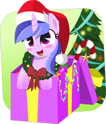Size: 5542x6508 | Tagged: safe, artist:jhayarr23, character:sea swirl, species:pony, species:unicorn, absurd resolution, background pony, blushing, box, candy, candy cane, christmas, christmas lights, christmas tree, christmas wreath, clothing, commission, cute, female, food, happy, hat, holiday, mare, pony in a box, present, santa hat, seadorable, smiling, solo, tree, wreath, ych result