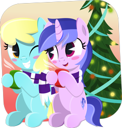 Size: 5651x5913 | Tagged: safe, artist:jhayarr23, character:sassaflash, character:sea swirl, ship:sassaswirl, absurd resolution, blushing, chocolate, christmas, christmas lights, christmas tree, clothing, commission, cute, female, food, holiday, hot chocolate, lesbian, one eye closed, scarf, shared clothing, shared scarf, shipping, smiling, tree, wink, ych result