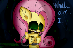 Size: 998x663 | Tagged: safe, artist:extradan, character:fluttershy, species:pony, bust, crying, female, flutterbot, identity crisis, looking down, monologue, open mouth, portrait, robot, robot pony, solo
