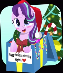 Size: 3531x4096 | Tagged: safe, artist:jhayarr23, character:starlight glimmer, species:pony, species:unicorn, blushing, box, christmas, christmas tree, clothing, cute, female, gift art, gift box, glimmerbetes, hat, holiday, pony in a box, santa hat, solo, tree