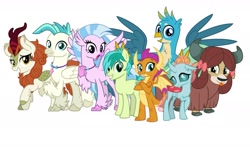 Size: 1891x1153 | Tagged: safe, artist:cheezedoodle96, artist:jhayarr23, edit, character:autumn blaze, character:gallus, character:ocellus, character:sandbar, character:silver spoon, character:silverstream, character:smolder, character:terramar, character:yona, species:changeling, species:classical hippogriff, species:dragon, species:earth pony, species:griffon, species:hippogriff, species:kirin, species:pony, species:reformed changeling, species:yak, episode:sounds of silence, g4, my little pony: friendship is magic, awwtumn blaze, bow, cloven hooves, cute, diaocelles, diastreamies, dragoness, dreamworks face, female, gallabetes, hair bow, male, monkey swings, raised claw, raised eyebrow, raised hoof, sandabetes, simple background, smiling, smolderbetes, student six, teenager, terrabetes, tongue out, vector, white background, yonadorable