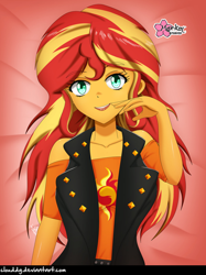 Size: 746x1000 | Tagged: safe, artist:clouddg, character:sunset shimmer, my little pony:equestria girls, clothing, cute, cutie mark on clothes, female, looking at you, signature, smiling, solo, vest