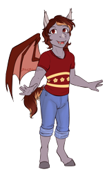 Size: 1939x3135 | Tagged: safe, artist:jc_bbqueen, oc, oc only, oc:pepper zest, parent:oc:savory zest, parent:oc:scarlet quill, parents:oc x oc, species:anthro, species:bat pony, species:unguligrade anthro, anthro oc, bat pony oc, clothing, commission, fangs, female, filly, offspring, parents:scarlory, shirt, simple background, smiling, solo, transparent background