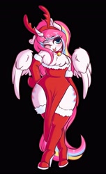 Size: 2491x4096 | Tagged: safe, artist:wickedsilly, oc, oc only, oc:nekonin, species:alicorn, species:anthro, species:pony, alicorn oc, anthro oc, antlers, arm hooves, bare shoulders, bell, bell collar, blushing, boots, both cutie marks, bottom heavy, chest fluff, christmas, clothing, collar, commission, crossdressing, curved horn, dress, evening gloves, explicit source, femboy, gloves, high heel boots, high heels, holiday, horn, long gloves, looking at you, male, one eye closed, reindeer antlers, shoes, simple background, smiling, solo, stallion, wide hips, wink