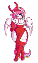 Size: 1168x1920 | Tagged: safe, artist:wickedsilly, oc, oc only, oc:nekonin, species:alicorn, species:anthro, alicorn oc, anthro oc, antlers, arm hooves, bare shoulders, bell, bell collar, blushing, boots, both cutie marks, bottom heavy, chest fluff, christmas, clothing, collar, crossdressing, curved horn, dress, evening gloves, femboy, gloves, high heel boots, high heels, holiday, horn, long gloves, male, one eye closed, reindeer antlers, shoes, simple background, solo, stallion, transparent background, wide hips, wink