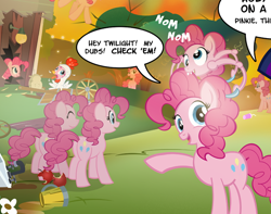 Size: 562x443 | Tagged: safe, artist:pixelkitties, character:pinkie pie, species:pony, animal costume, apple, butt, chicken suit, cider, clones, clothing, costume, dubs, eyes closed, female, flower, food, mare, offscreen character, plot, sink, tree