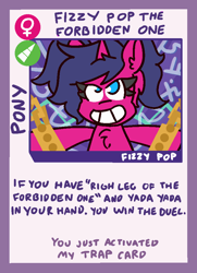 Size: 690x955 | Tagged: safe, artist:threetwotwo32232, oc, oc only, oc:fizzy pop, card, exodia, looking at you, parody, solo, text, twilight sparkle's secret shipfic folder, yugioh card