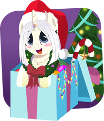 Size: 600x702 | Tagged: safe, artist:jhayarr23, oc, oc:pearl blush, species:pony, species:unicorn, blush sticker, blushing, box, candy, candy cane, christmas, christmas tree, clothing, cute, female, food, hat, holiday, horn ring, jewelry, necklace, ocbetes, pearl, pony in a box, present, santa hat, simple background, transparent background, tree, wreath