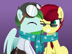 Size: 1031x775 | Tagged: safe, artist:jhayarr23, oc, oc:aces high, oc:gryph xander, species:earth pony, species:pegasus, species:pony, clothing, female, goggles, kissing, male, mare, necktie, pants, scarf, shared clothing, shared scarf, shirt, smiling, stallion, sunglasses
