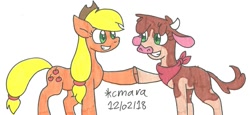 Size: 1516x695 | Tagged: safe, artist:cmara, character:applejack, character:arizona cow, species:cow, species:earth pony, species:pony, them's fightin' herds, bandana, clothing, cloven hooves, cowboy hat, crossover, female, hat, hoofbump, marker drawing, simple background, traditional art, white background