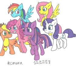 Size: 1361x1203 | Tagged: safe, artist:cmara, character:applejack, character:fluttershy, character:pinkie pie, character:rainbow dash, character:rarity, character:twilight sparkle, character:twilight sparkle (alicorn), species:alicorn, species:pony, mane six, traditional art
