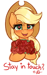 Size: 637x1011 | Tagged: dead source, safe, artist:ratofdrawn, character:applejack, species:earth pony, species:pony, clothing, cowboy hat, dialogue, female, flower, hat, heart eyes, looking at you, mare, rose, signature, simple background, smiling, stetson, tumblr, tumblr 2018 nsfw purge, wingding eyes