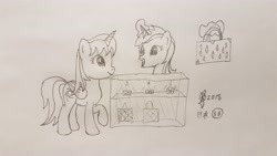 Size: 4032x2268 | Tagged: safe, artist:parclytaxel, character:lyra heartstrings, oc, oc:parcly taxel, species:alicorn, species:pony, species:unicorn, ain't never had friends like us, albumin flask, alicorn oc, bag, display case, female, issey miyake, japan, levitation, lineart, magic, mare, marunouchi, monochrome, parcly taxel in japan, pencil drawing, raised hoof, smiling, story included, telekinesis, tokyo, traditional art