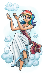 Size: 1100x1895 | Tagged: safe, artist:king-kakapo, character:rainbow dash, species:human, beautiful, clothing, cloud, dress, female, humanized, sitting on a cloud, smiling, solo, toga