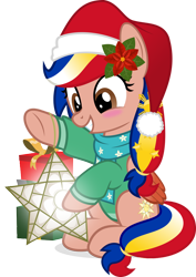 Size: 752x1062 | Tagged: safe, artist:jhayarr23, oc, oc:pearl shine, species:pegasus, species:pony, christmas, clothing, flower, flower in hair, gift wrapped, hat, holiday, jacket, philippines, santa hat, scarf, simple background, solo, star lantern