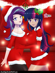 Size: 759x1000 | Tagged: safe, alternate version, artist:clouddg, character:starlight glimmer, character:twilight sparkle, ship:twistarlight, my little pony:equestria girls, christmas, clothing, female, gloves, hat, holiday, human coloration, lesbian, long gloves, looking at you, open mouth, santa hat, shipping, signature, symmetrical docking