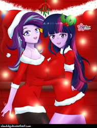 Size: 759x1000 | Tagged: safe, artist:clouddg, character:starlight glimmer, character:twilight sparkle, ship:twistarlight, my little pony:equestria girls, christmas, clothing, female, gloves, hat, holiday, lesbian, long gloves, looking at you, open mouth, santa hat, shipping, signature, symmetrical docking