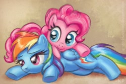 Size: 1000x667 | Tagged: safe, artist:kp-shadowsquirrel, character:pinkie pie, character:rainbow dash, species:earth pony, species:pegasus, species:pony, cute, female, mare, pony pillow, prone, smiling