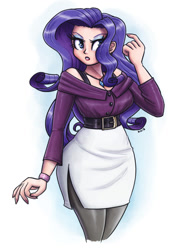 Size: 1253x1700 | Tagged: safe, artist:king-kakapo, character:rarity, species:human, breasts, busty rarity, clothing, curvy, female, hourglass figure, humanized, simple background, solo