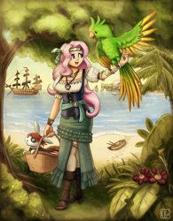 Size: 1280x1640 | Tagged: safe, artist:king-kakapo, character:angel bunny, character:fluttershy, species:human, species:parrot, bandana, basket, beach, boat, boots, clothing, commission, cute, dress, eyepatch, humanized, ocean, pirate, pirate fluttershy, pirate ship, sailship, ship, shoes, shyabetes, side slit, skirt, socks, thigh highs, vest