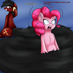 Size: 2000x2000 | Tagged: safe, artist:novaspark, character:pinkie pie, oc, oc:losian, blushing, dialogue, embarrassed, gasp, long tail, simple background