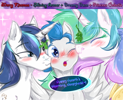 Size: 2400x1952 | Tagged: safe, artist:frist44, character:princess celestia, character:shining armor, oc, oc:dreamy daze, species:pony, bisexual, blushing, blushing profusely, canon x oc, dialogue, dreamlestia, dreamyarmor, female, heart, infidelity, kiss on the cheek, kiss sandwich, kissing, male, mare, mistletoe, shipping, spread wings, stallion, wingboner, wings