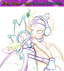 Size: 1776x1952 | Tagged: safe, artist:frist44, character:smolder, character:spike, species:dragon, ship:spolder, beanie, belly, belly button, clothing, colored sketch, commission, cute, dragoness, earmuffs, female, hat, header, horns, licking, licking face, looking at each other, male, mistletoe, mittens, pulling, scarf, shipping, side by side, simple background, sketch, smiling, smolder want, smolderbetes, spikabetes, spread wings, straight, tail, teasing, tongue out, white background, wide eyes, winged spike, wings, winter, winter outfit, wrapped up