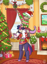 Size: 1280x1753 | Tagged: safe, artist:king-kakapo, oc, oc:rory, oc:thistle, parent:spike, parent:twilight sparkle, satyr, christmas, christmas presents, christmas stocking, christmas sweater, christmas tree, clothing, commission, female, fireplace, hat, holiday, interspecies offspring, mistleholly, mistletoe, offspring, pants, piggyback ride, santa hat, smiling, sweater, tongue out, tree