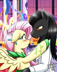 Size: 3600x4500 | Tagged: safe, artist:danmakuman, character:fluttershy, oc, oc:midnight, species:pony, blushing, canon x oc, clothing, commission, dancing, dress, female, looking at each other, male, mare, stallion, straight