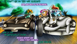 Size: 1250x725 | Tagged: safe, artist:jamescorck, character:lightning dust, character:rainbow dash, character:scootaloo, oc, oc:movie slate, species:pegasus, species:pony, car, death proof, movie, movie review