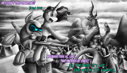 Size: 1174x681 | Tagged: safe, artist:jamescorck, character:rarity, character:spike, oc, oc:airpon, oc:movie slate, black and white, grayscale, king kong, monochrome, movie, movie review, ponyville, spikezilla
