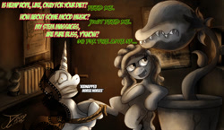 Size: 1174x681 | Tagged: safe, artist:jamescorck, character:tree hugger, oc, oc:movie slate, species:earth pony, species:pony, species:unicorn, audrey 2, bound and gagged, descriptive noise, female, horse noises, little shop of horrors, mare, movie, movie review