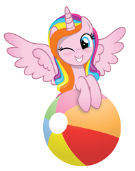 Size: 589x746 | Tagged: safe, artist:jhayarr23, oc, oc:st. pinkie, species:alicorn, species:pony, 2019 community collab, derpibooru community collaboration, alicorn oc, one eye closed, rainbow hair, simple background, smiling, solo, summer, transparent background, wink