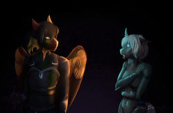 Size: 3300x2163 | Tagged: safe, artist:jc_bbqueen, oc, oc only, oc:daniel dasher, oc:imago, species:anthro, species:changeling, species:dracony, species:pegasus, species:pony, anthro oc, armor, breasts, changeling oc, featureless breasts, female, hybrid, looking at each other, male, night guard, stallion, story in the source