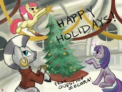 Size: 1200x900 | Tagged: safe, artist:hobbes-maxwell, character:apple bloom, character:twilight sparkle, character:zecora, species:zebra, episode:hearth's warming eve, g4, my little pony: friendship is magic, ask, ask zecora, christmas, christmas tree, tree, tumblr
