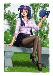 Size: 1280x1817 | Tagged: safe, artist:king-kakapo, character:twilight sparkle, species:human, adorasexy, adorkable, book, clothing, cute, dork, female, grass, high heels, humanized, legs, looking at you, mary janes, open mouth, panties, panty shot, pantyhose, pleated skirt, sexy, shoes, sitting, skirt, solo, stockings, thigh highs, underwear, upskirt, white panties, white underwear