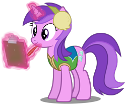 Size: 5600x4700 | Tagged: safe, artist:mundschenk85, artist:parclytaxel, character:amethyst star, character:sparkler, species:pony, absurd resolution, clipboard, earmuffs, female, magic, simple background, solo, transparent background, vector, winter wrap up vest