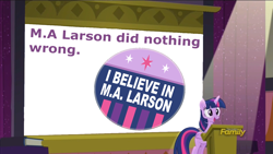 Size: 1366x768 | Tagged: safe, artist:pixelkitties, edit, edited screencap, screencap, character:twilight sparkle, character:twilight sparkle (alicorn), species:alicorn, species:pony, episode:the cutie re-mark, 1000 years in photoshop, button, discovery family logo, female, happy, hitler did nothing wrong, i believe in m.a. larson, m.a. larson, meme, mouthpiece, podium, presentation, projection, shitposting, solo, spotlight