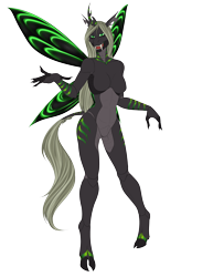Size: 2550x3300 | Tagged: safe, artist:jc_bbqueen, oc, oc only, oc:queen eris, species:anthro, species:changeling, species:unguligrade anthro, abs, anthro oc, background removed, breasts, changeling oc, changeling queen, changeling queen oc, claws, cloven hooves, curved horn, fangs, featureless breasts, featureless crotch, female, green changeling, horn, open mouth, simple background, solo, spread wings, transparent background, wings