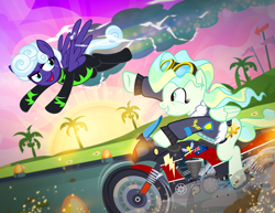 Size: 900x695 | Tagged: safe, artist:pixelkitties, character:rolling thunder, character:vapor trail, species:pegasus, species:pony, g4, clothing, duo, female, flag, fleece jacket, goggles, jacket, mare, motorcycle, open mouth, pixelkitties' brilliant autograph media artwork, rhona rees, smiling, sun, top gun, tree, uniform, washouts uniform