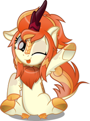 Size: 1388x1862 | Tagged: safe, artist:jhayarr23, oc, oc only, oc:cinder spirit, species:kirin, chest fluff, cute, greeting, kirin oc, ocbetes, one eye closed, raised hoof, simple background, sitting, tongue out, transparent background, wink