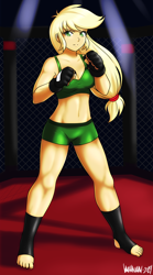Size: 2500x4500 | Tagged: safe, artist:danmakuman, part of a set, character:applejack, species:human, my little pony:equestria girls, anime, barefoot, boxing ring, breasts, clothing, commission, feet, female, fingerless gloves, gloves, humanized, mma, solo, sports bra, sports shorts, ufc