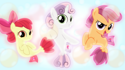 Size: 1600x900 | Tagged: safe, artist:jhayarr23, artist:sailortrekkie92, edit, character:apple bloom, character:scootaloo, character:sweetie belle, species:pegasus, species:pony, species:seapony (g4), episode:surf and/or turf, g4, my little pony: friendship is magic, cutie mark crusaders, female, filly, fin wings, fins, sea ponies, sea-mcs, seaponified, seapony apple bloom, seapony scootaloo, seapony sweetie belle, species swap, wallpaper, wallpaper edit
