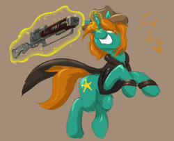 Size: 2400x1952 | Tagged: safe, artist:frist44, oc, oc only, oc:dust runner, species:pony, species:unicorn, fallout equestria, clothing, cowboy hat, cutie mark, energy weapon, fallout, fallout: new vegas, female, glowing horn, grin, gun, hat, hooves, horn, laser rifle, levitation, magic, magical energy weapon, male, mare, rifle, simple background, smiling, solo, stallion, telekinesis, weapon