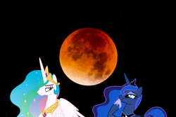 Size: 2000x1333 | Tagged: safe, artist:dashiesparkle, artist:sketchmcreations, character:princess celestia, character:princess luna, species:pony, amused, annoyed, blood moon, celestia is not amused, eclipse, frown, lunar eclipse, moon, photomanipulation, smiling, smirk, smugluna, super blood wolf moon, unamused