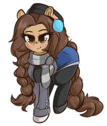 Size: 3031x3573 | Tagged: safe, artist:wickedsilly, oc, oc:cecilia hoofbrook, species:earth pony, species:pony, brown eyes, brown hair, clothing, earmuffs, female, hat, large butt, leggings, mare, scarf, shorts